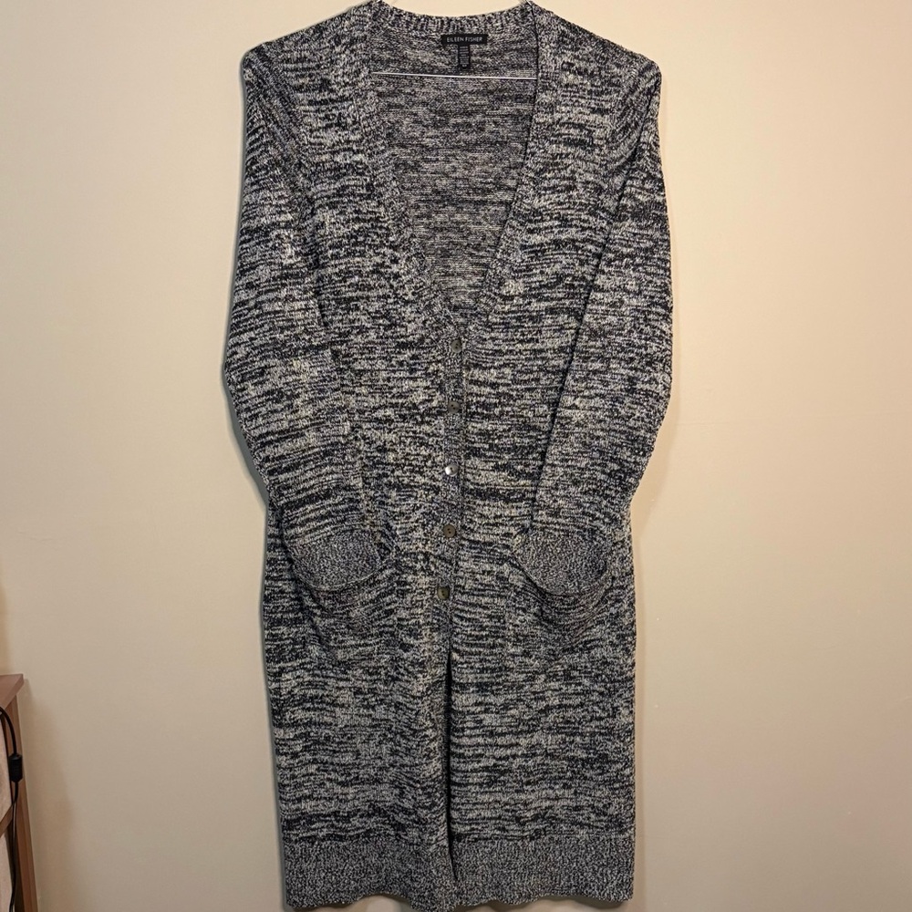 Eileen Fisher Twisted Silk Speckled Cardigan Womens S Small Longline Button Knit